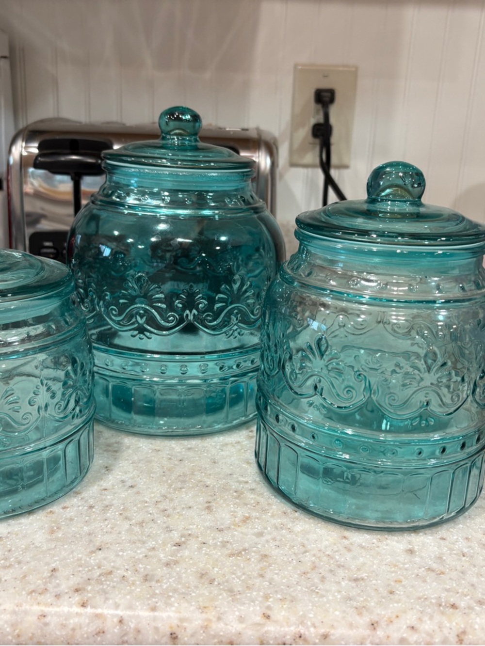 The Pioneer Woman Teal Embossed Glass Canister Set with Lids